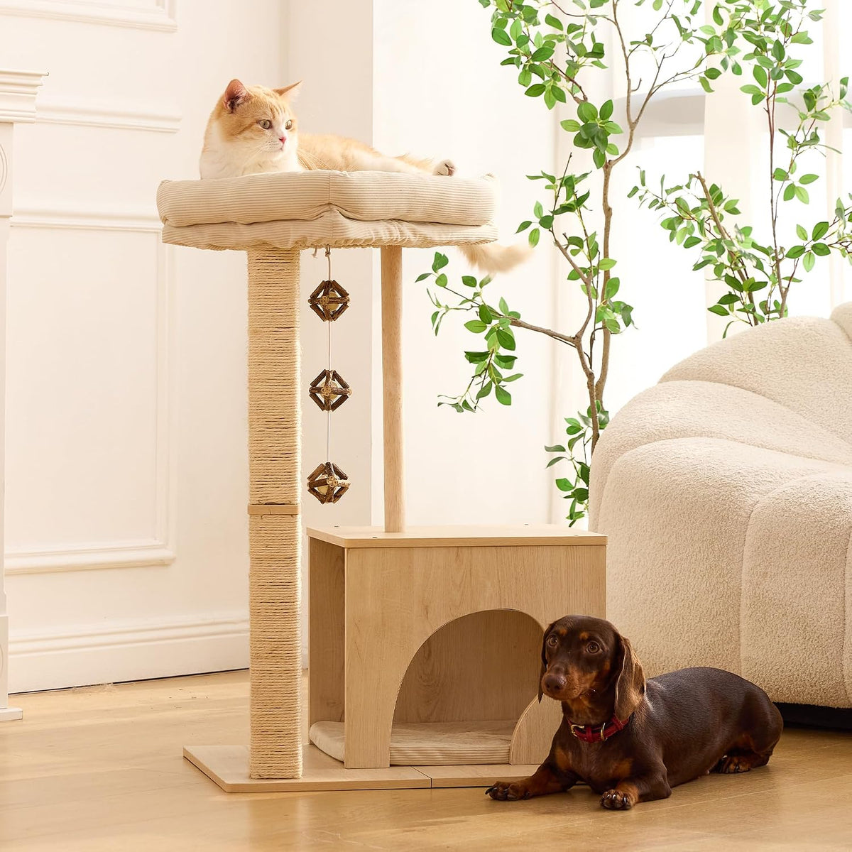 FUKUMARU Retro-Modern Cat Tree, Small Wooden Cat Tower with Post and Condo