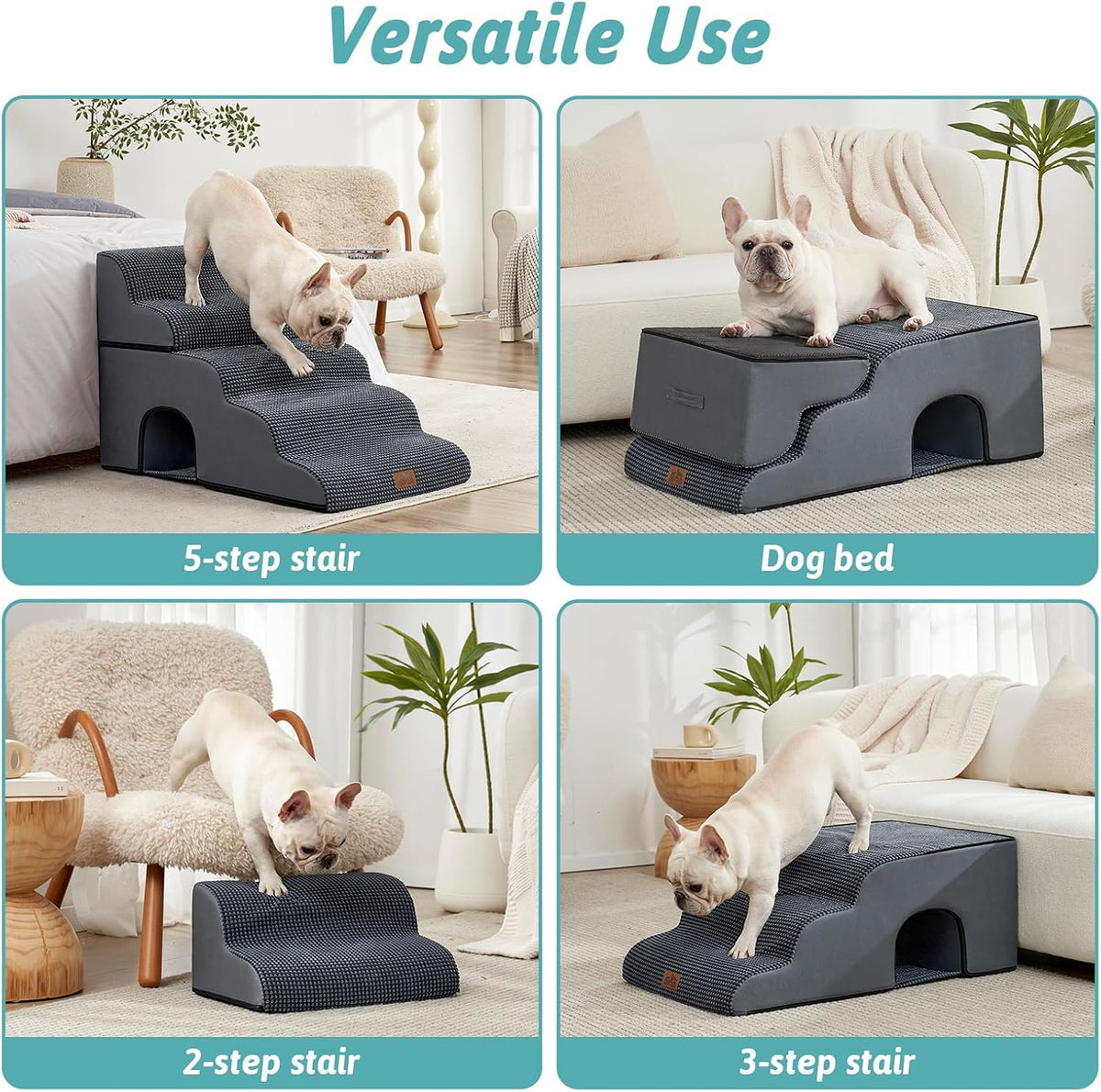 COZY KISS Dog Stairs,with condo,22.4" H 5 Steps for Bed,Dark Grey