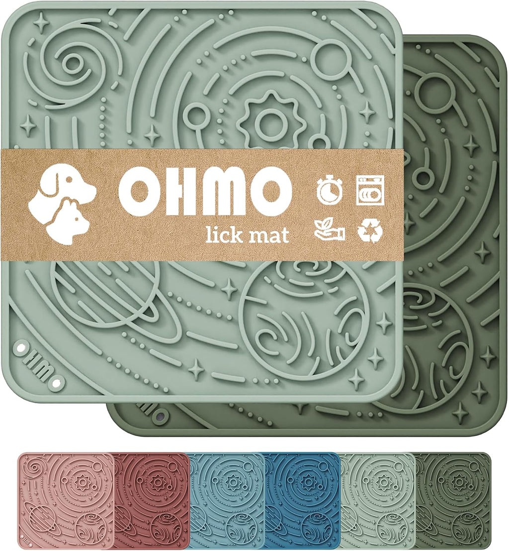 OHMO Lick Mat for Dogs&Cats, Space Pattern, Small, 2pcs, Camo&Sage Green | Pet Enrichment Toys, Slow Feeder, Textured Silicone Surface, Strong Suction Cups, Anxiety&Boredom Relief, Easy-Clean