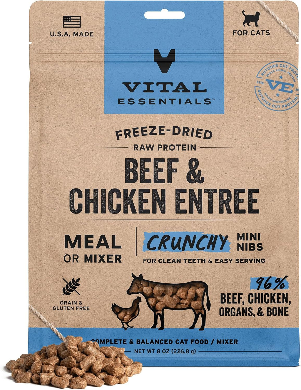 Vital Essentials Freeze Dried Cat Food, Beef & Chicken Mini Nibs, 8 oz Bag
