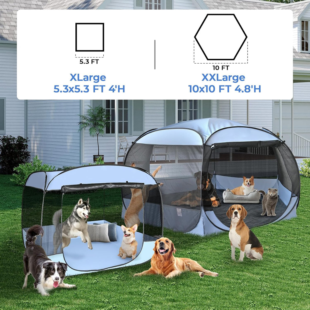 XXLarge Popup Portable Dog Houses, 10'x4.8'H Assembly-Free Gazebo-Style Kennel Dog Playpen Pet Screen Tent Sun Shade Shelter, Dog Crates Canopy for Travel Camping Anti-Bugs with Leakproof Bottom