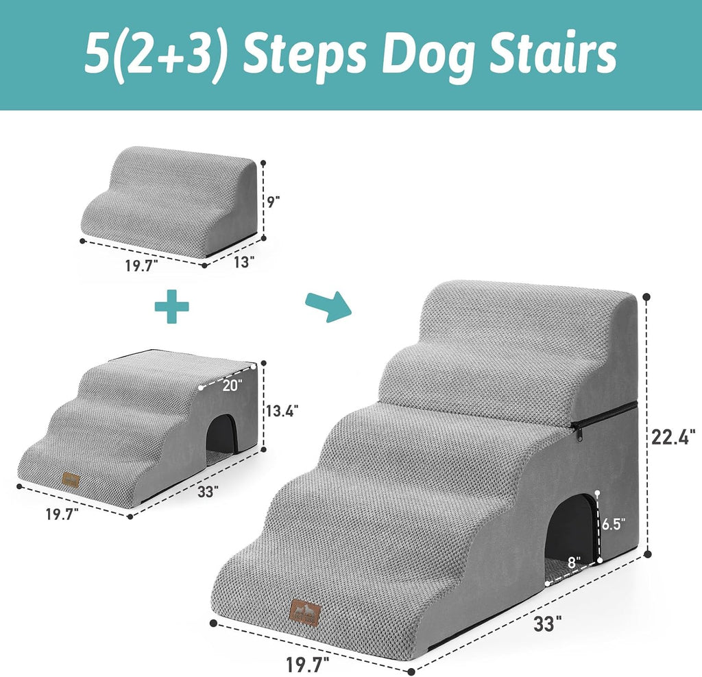 COZY KISS Extra Wide Small Dog Stairs with Tunnel, Pet Step for Bed, Grey