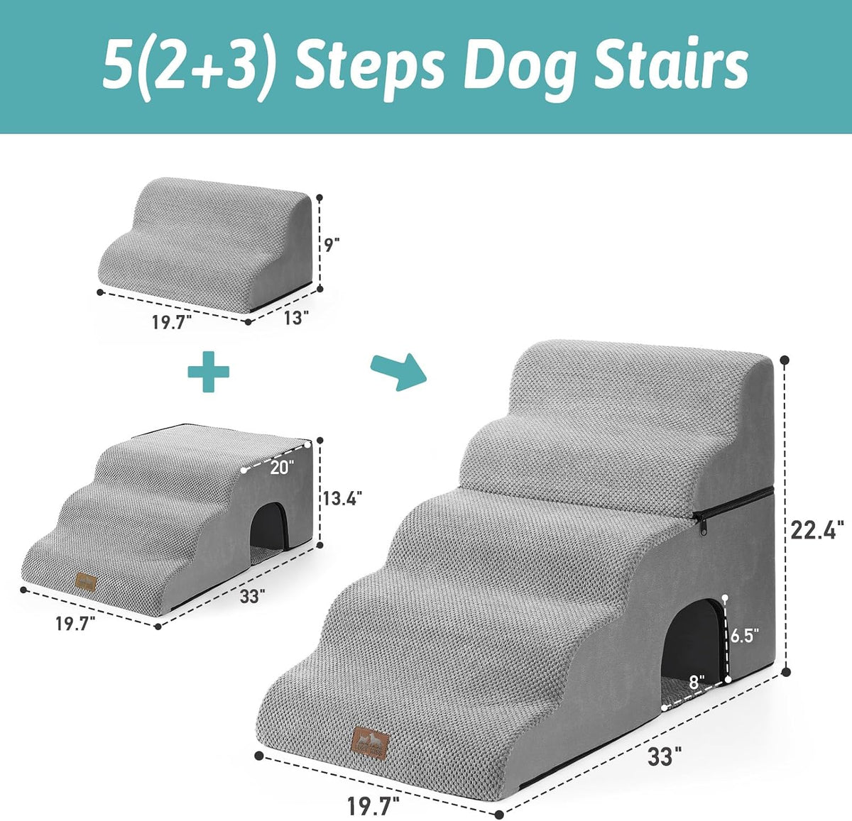 COZY KISS Extra Wide Small Dog Stairs with Tunnel, Pet Step for Bed, Grey