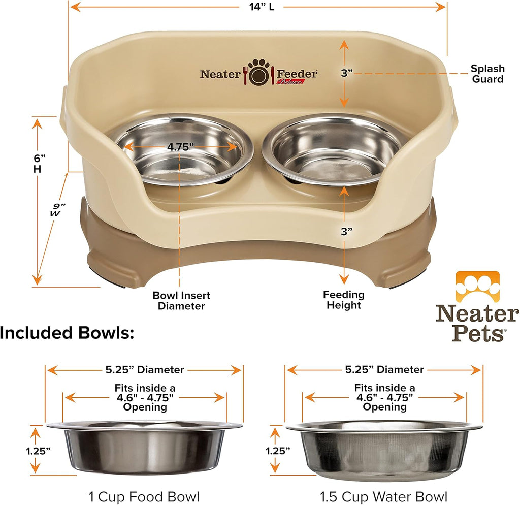 Neater Pet Brands Neater Feeder Deluxe Mess Proof Cat Bowls Elevated, Made in USA, No Spill Raised Bowls for Indoor Cats, Stainless Steel Food and Water Bowl Set, Pet Dish Feeding Station, Cappuccino 