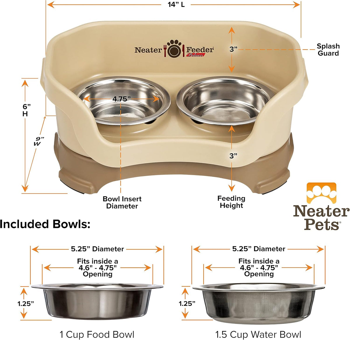 Neater Pet Brands Neater Feeder Deluxe Mess Proof Cat Bowls Elevated, Made in USA, No Spill Raised Bowls for Indoor Cats, Stainless Steel Food and Water Bowl Set, Pet Dish Feeding Station, Cappuccino 