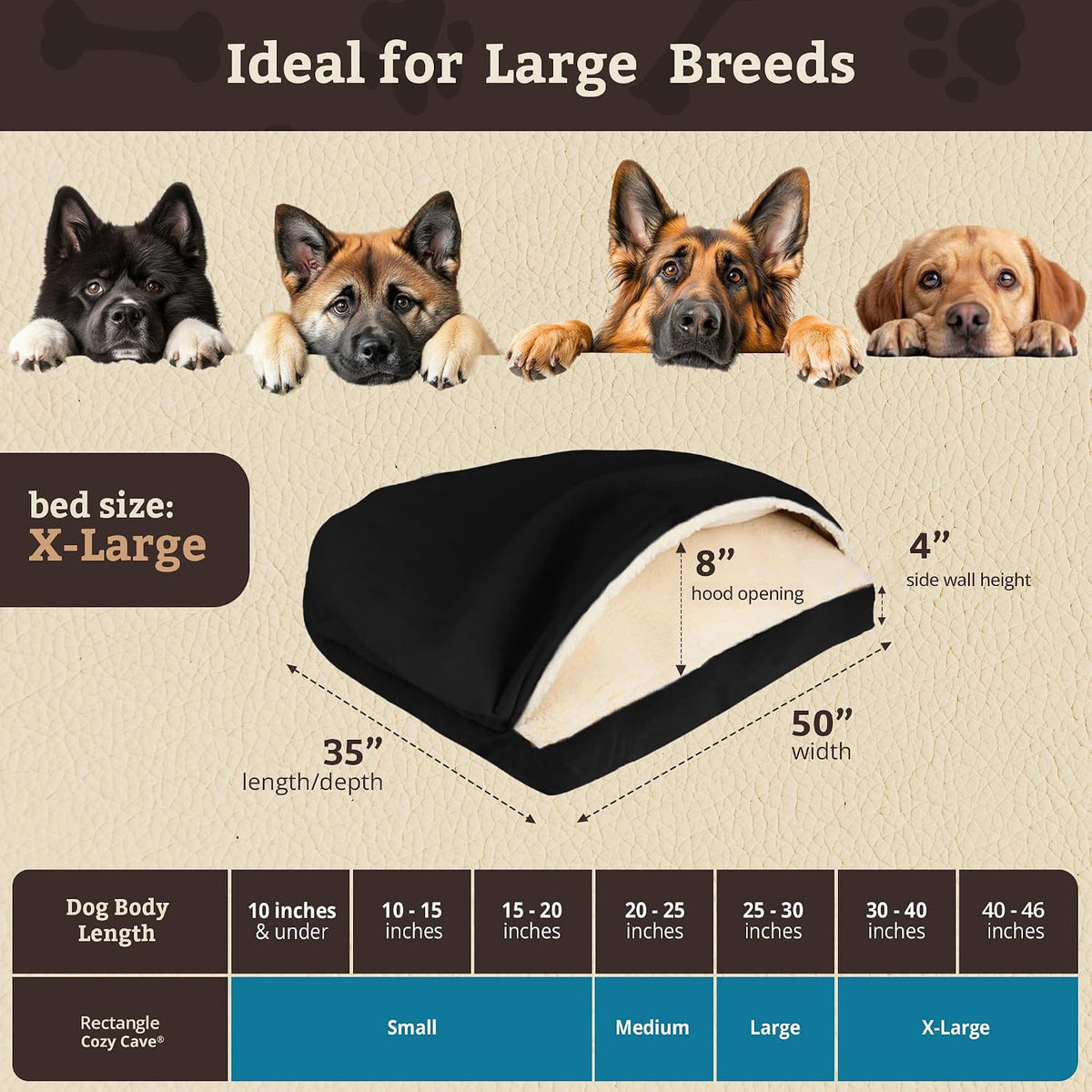 Snoozer Rectangle Cozy Cave Dog Bed, Hooded Dog Bed, Black (XL)