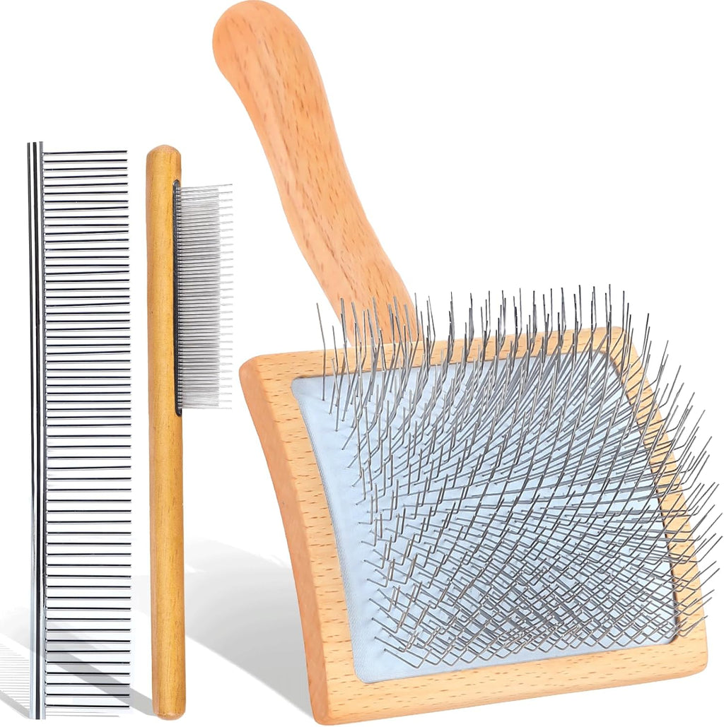 3-in-1 Long Pin Slicker Brush Set, Pet Grooming Kit, Natural Wood
