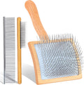 3-in-1 Long Pin Slicker Brush Set, Pet Grooming Kit, Natural Wood
