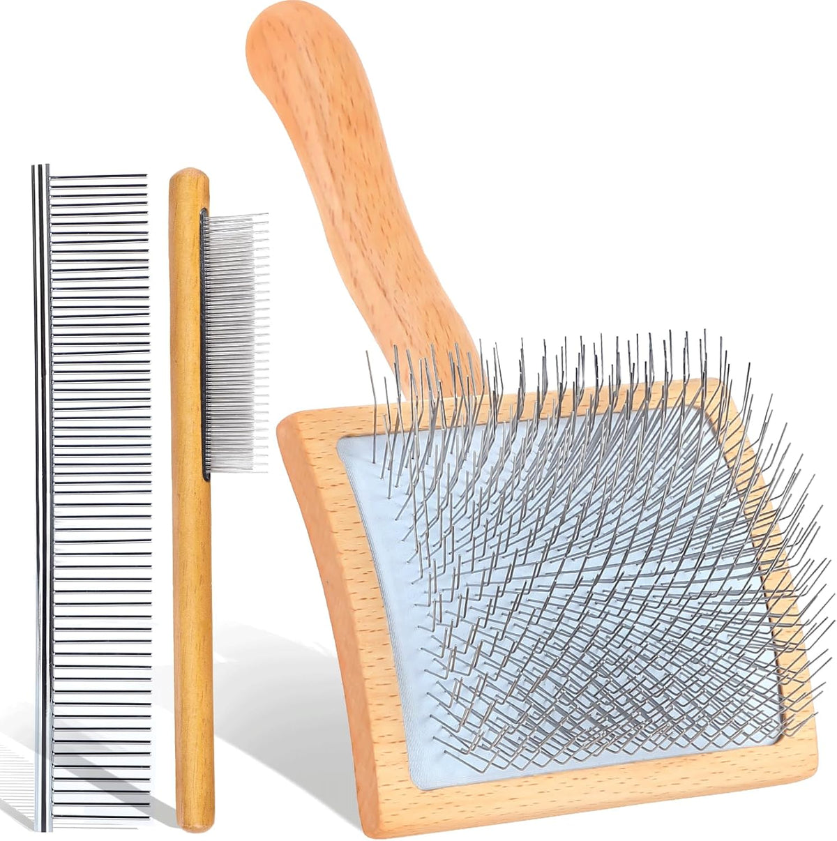 3-in-1 Long Pin Slicker Brush Set, Pet Grooming Kit, Natural Wood