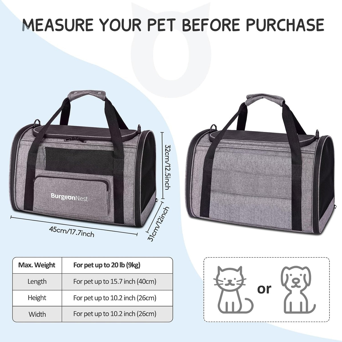 BurgeonNest Cat Carrier up to 20 Lbs, Portable Top Load Pet Travel Bag