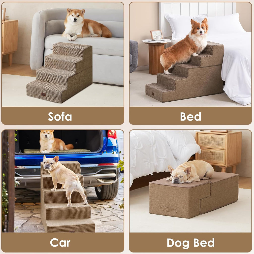 EHEYCIGA Dog Stairs for High Bed 25" H, Extra Wide Dog 5-Step, Camel