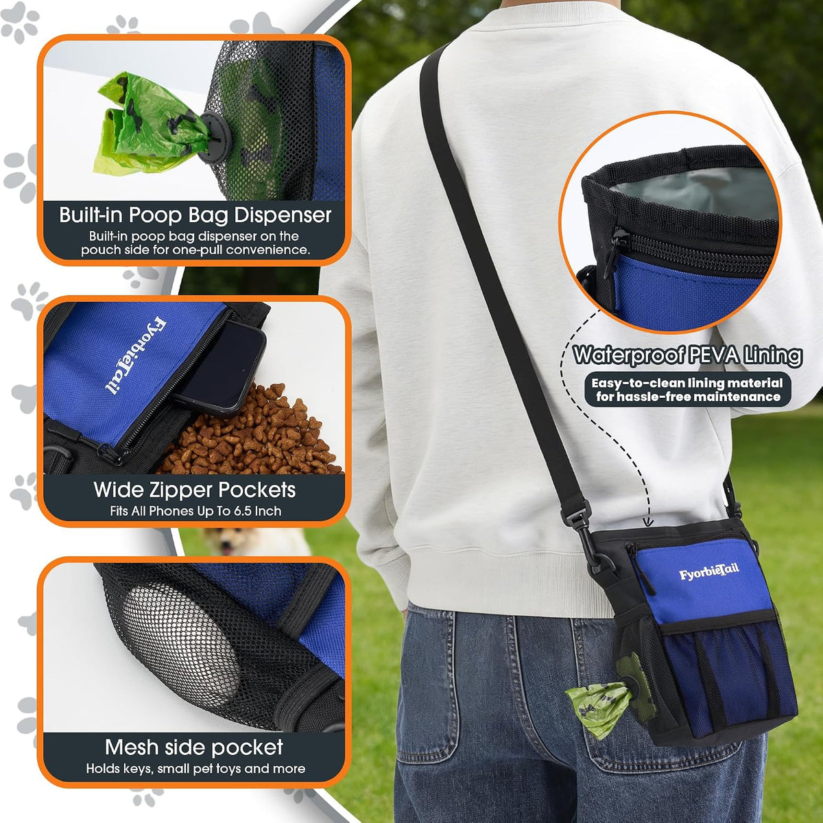 Dog Treat Pouch, 4 Cup Training Bag, Magnetic Closure, 3 Way Wear, Blue