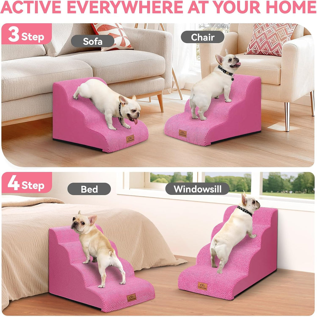 Zerbuger Dog Ramp and Stairs for Bed, Pink 4 Steps 20" H, Nonslip Cover