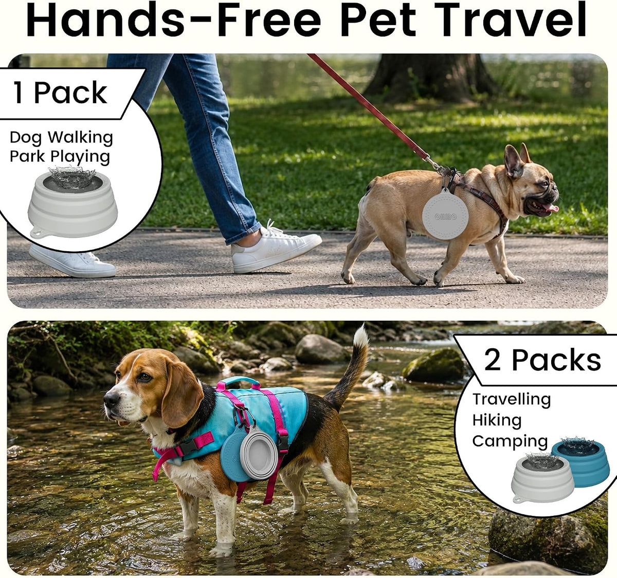 OHMO Spill Proof Collapsible Dog Bowl, 34oz Portable Dog Water Bowl | Low Center Gravity Stability, Tapered Splash Control, Foldable, Dishwasher Safe, Dog Travel Essential, Ash