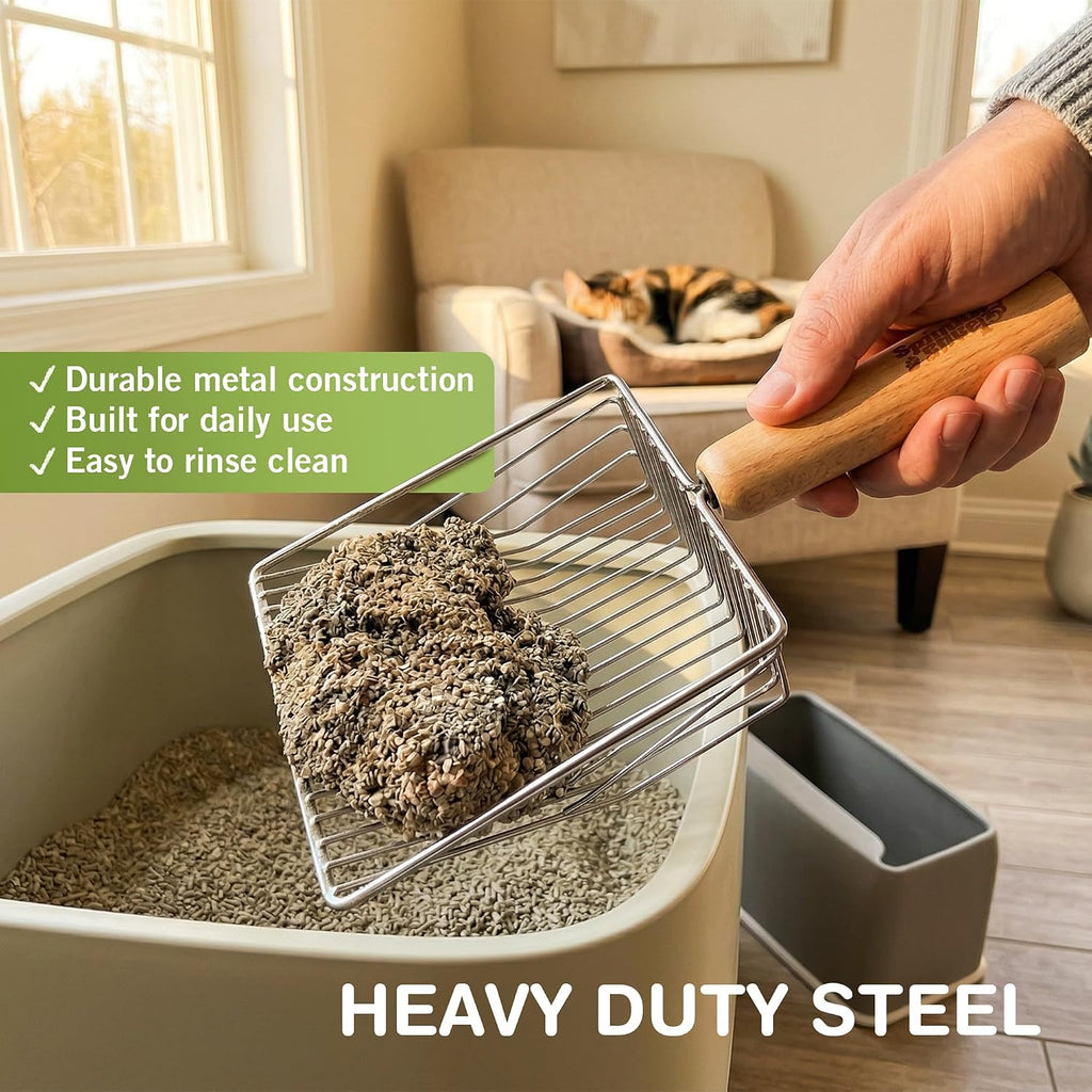 Sprinkle & Sweep: Litter Box Speed Sifter- 2 Pack - Metal Scoop, Comfortable Wood Grip, Washable Stand, Efficient Cleaning, Cat & Pet Maintenance