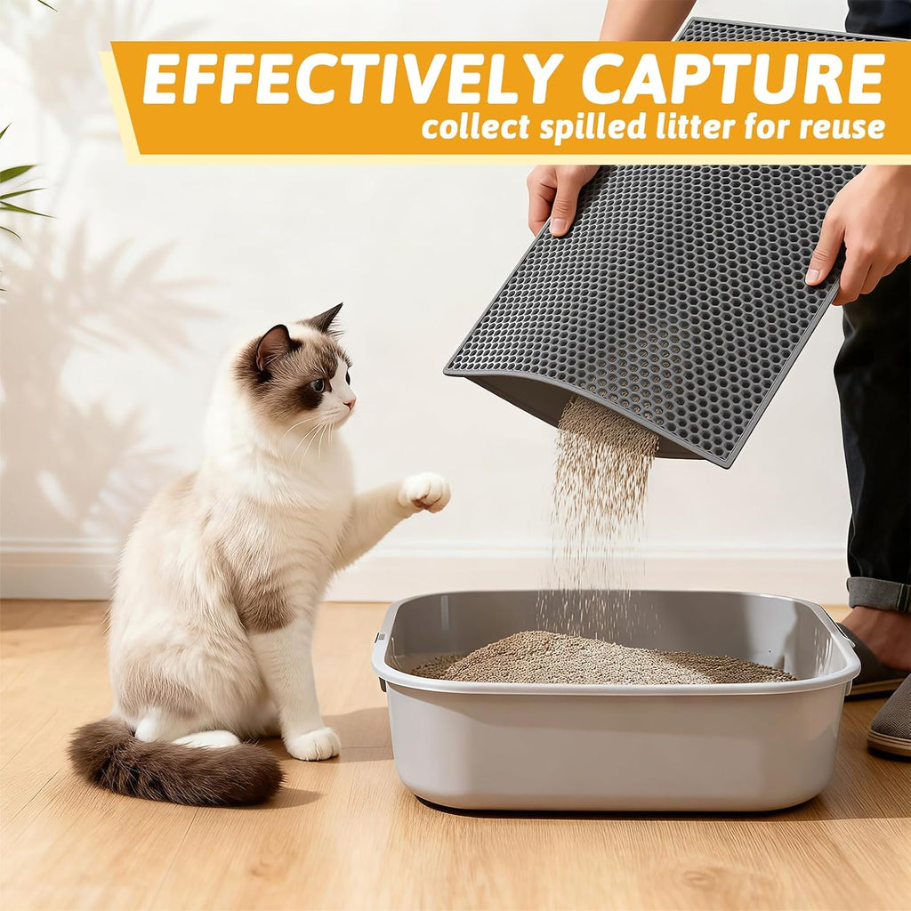 Pieviev Double Layer Cat Litter Mat Traps Scattered Litter 24''x15'' 2 Pack | Waterproof Urine Resistant Layer Litter Box Mat, Easy Collection, Soft on Kitty Paws, Gray Color for Indoor Cats