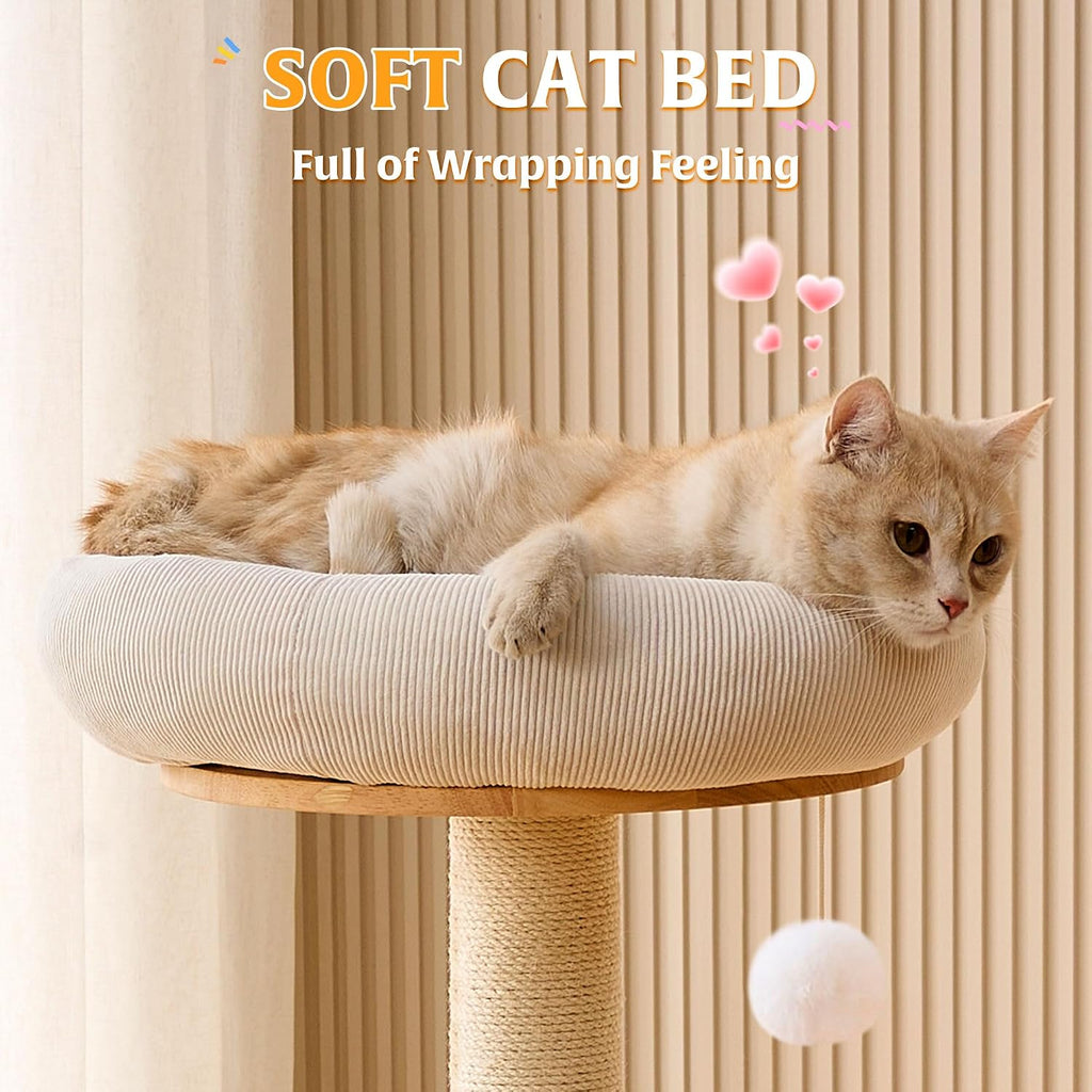 HITTITE Solid Wood Cat Tree Tower with Scratching Post, 37.8 Inches Tall Cat Towers with Scratching Board and Scratcher Ball, Modern Cat Tower With Space Capsule and Removable Top Bed for Indoor Cats.