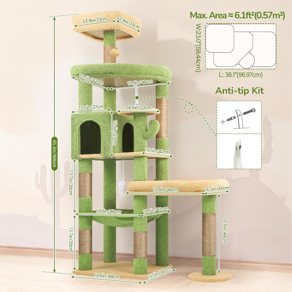 Globlazer 65in Cactus Sturdy Cat Tower for Indoor Large Cats, S65, Green