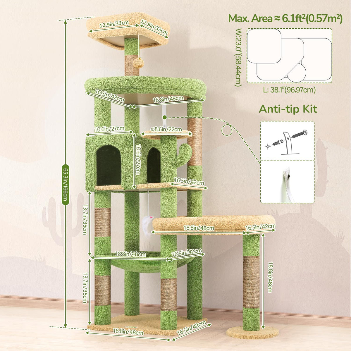 Globlazer 65in Cactus Sturdy Cat Tower for Indoor Large Cats, S65, Green