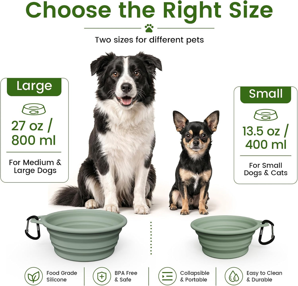 OHMO Collapsible Dog Bowls for Pet Travel, 12oz, 2pcs, Camo&Sage Green | Portable Water Bowl, Cat-Friendly, BPA-Free Silicone, Foldable Storage, Lightweight Carry, Hiking&Camping Gear, Easy-Clean