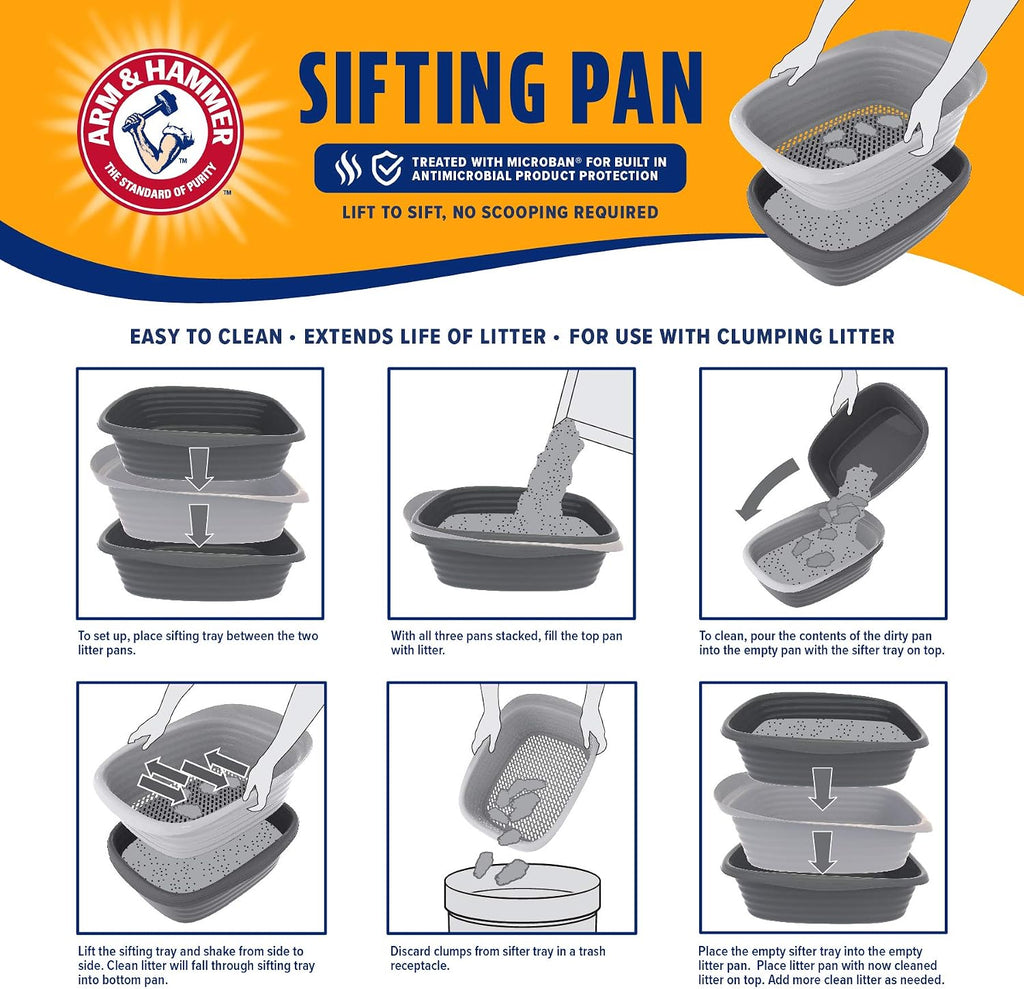 Arm & Hammer Large Sifting Litter Box Scoop Free Cat Litter Tray with Microban, Made in USA | Antimicrobial product protection, ideal for indoor felines, simple lift, shake and pour cleanup, helps keep odors in check