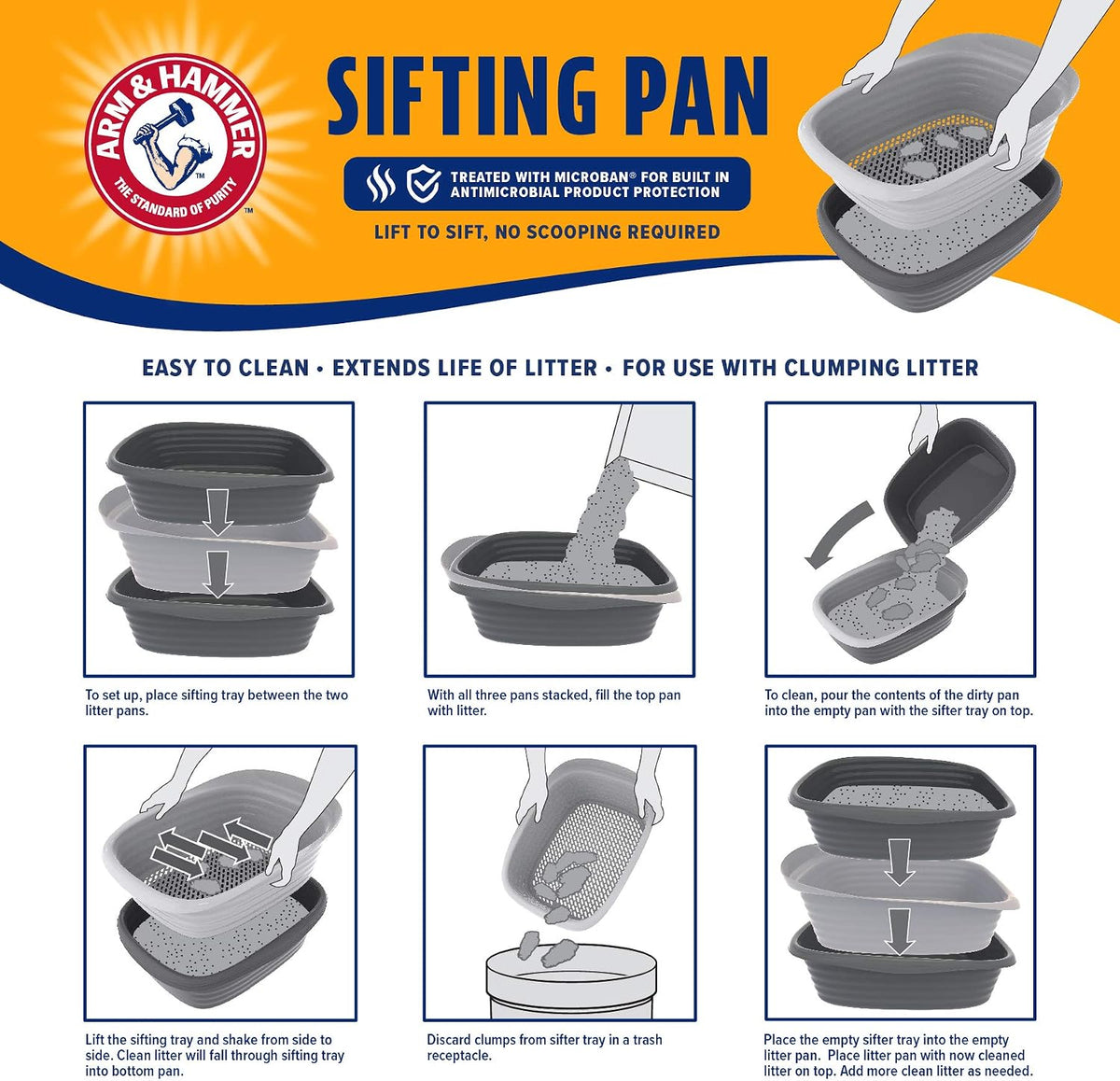 Arm & Hammer Large Sifting Litter Box Scoop Free Cat Litter Tray with Microban, Made in USA | Antimicrobial product protection, ideal for indoor felines, simple lift, shake and pour cleanup, helps keep odors in check