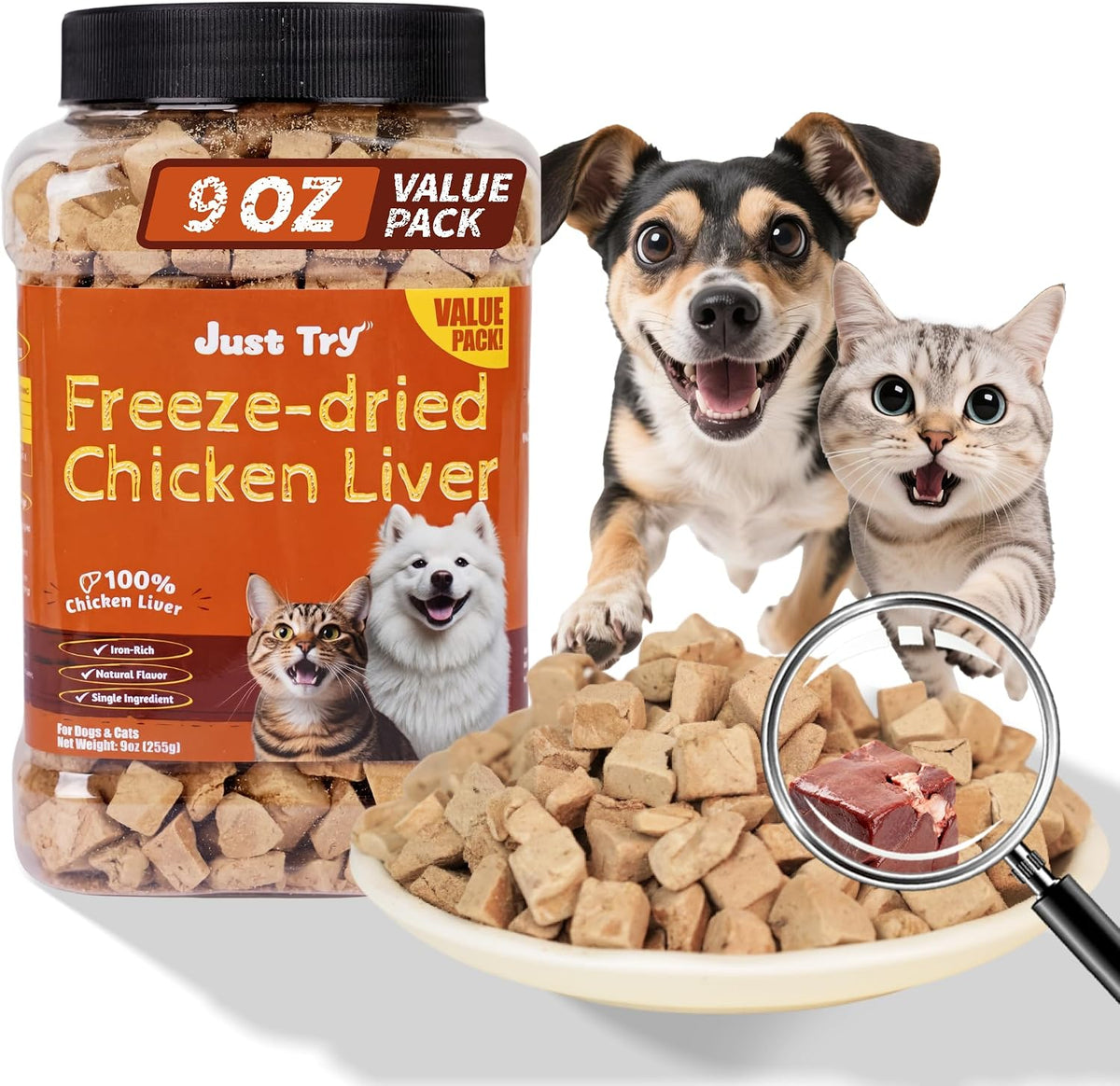 Just Try 9 oz Freeze-Dried Chicken Liver Treats for Dogs - Natural, Protein-Packed Dog Training Snacks - Grain-Free, Iron & Vitamin A Rich