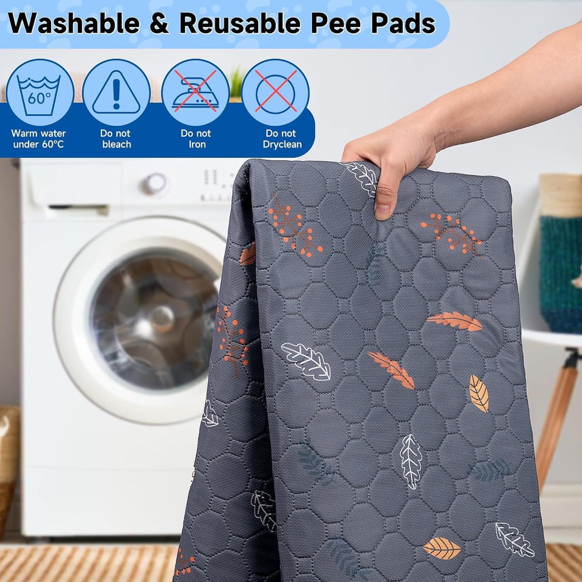 Sunheir Washable Pee Pads for Dogs Large 24" x 72" 2-Pack Reusable Puppy Pads Pet Training Pads, Absorb Dog Mats, Whelping Pad, Non-Slip Protects Against Urine Leakage, Runner Rug (Leaves - Deep Grey)