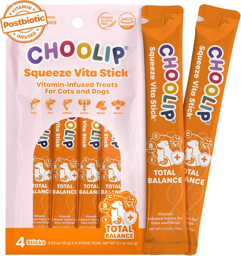 Choolip Squeeze Vita Stick Total Balance for Dogs & Cats, Daily Wellness Puree Treats with Korean Kimchi-Derived Postbiotics, Vitamins B, C & E, Grain Free, 15g x 4 Sticks