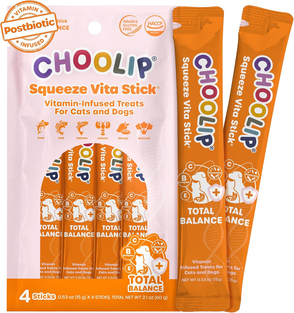 Choolip Squeeze Vita Stick Total Balance for Dogs & Cats, Daily Wellness Puree Treats with Korean Kimchi-Derived Postbiotics, Vitamins B, C & E, Grain Free, 15g x 4 Sticks