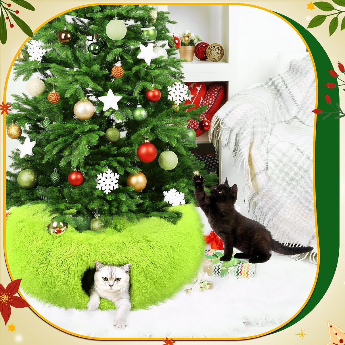 Thyle Christmas Cat Tunnel Bed, Green, 3ft X 3ft X 9.8in, Plush