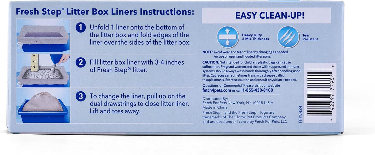 Fresh Step Drawstring Cat Litter Liners,Unscented, 3 ft x 19 in, 7Ct, 36-Pk | Heavy-duty bags, unscented, drawstring closure, X-large oval or rectangle pans
