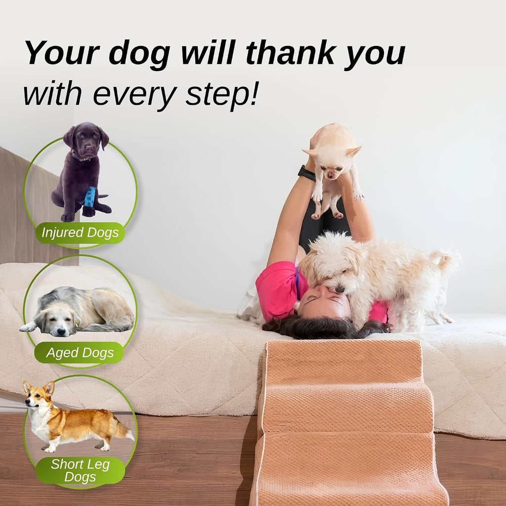 Dog Stairs for Bed & Couch – 2-in-1 Foldable Dog Stairs and Ramp (Beige)