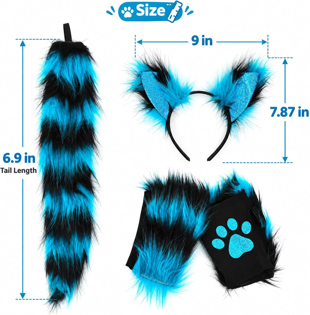 Cat Wolf Fox Tail Faux Fur Ear Headband Paw Gloves Set for Women Adult Halloween Xmas Fancy Party Cosplay Costume