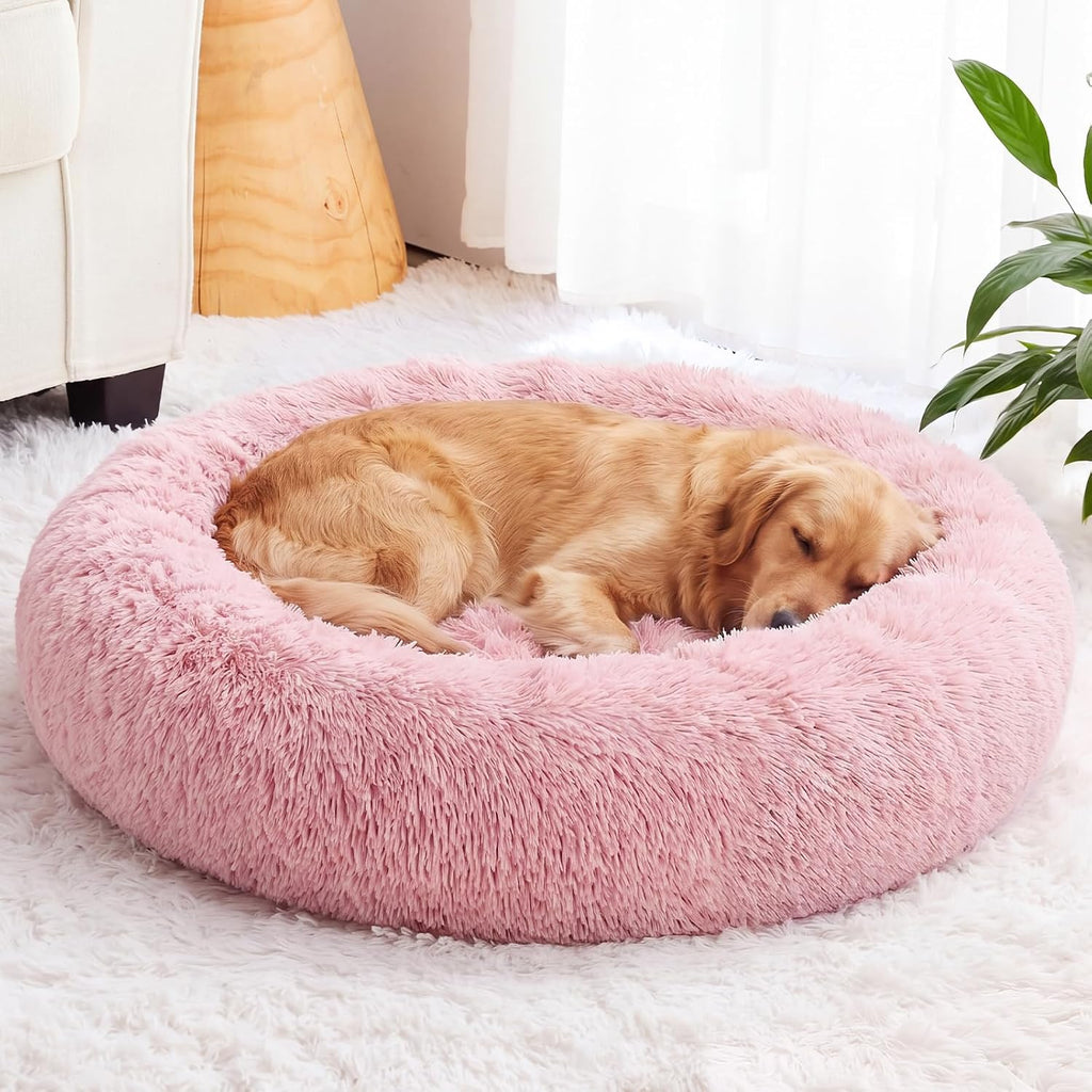 WNPETHOME Large Pink Round Calming Dog Bed Cat Bed for Comfy Sleep