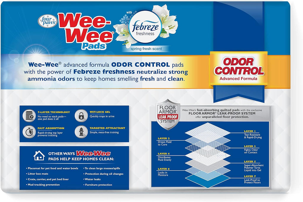 Four Paws Wee-Wee Odor Control with Febreze Freshness Pee Pads for Dogs & Puppies, Leak-Proof Dog Housebreaking Potty Training Floor Protection, Spring Fresh Scent, 22" x 23", 50 Count
