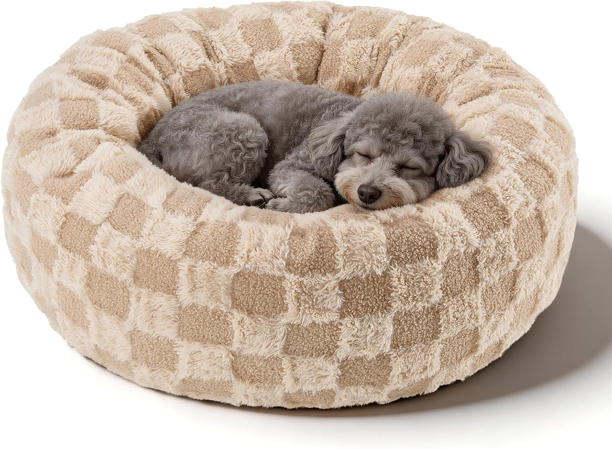 Dog Calming Beds for Small Medium Large Dogs - Round Donut Washable Puppy Dog Bed, Anti-Slip Faux Fur Fluffy Donut Cuddle Anxiety Cat Pet Bed (24" Grid)