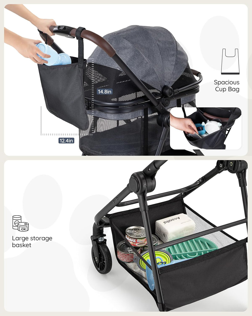 Pet Stroller for Small Dogs & Cats, Foldable with Detachable Carrier