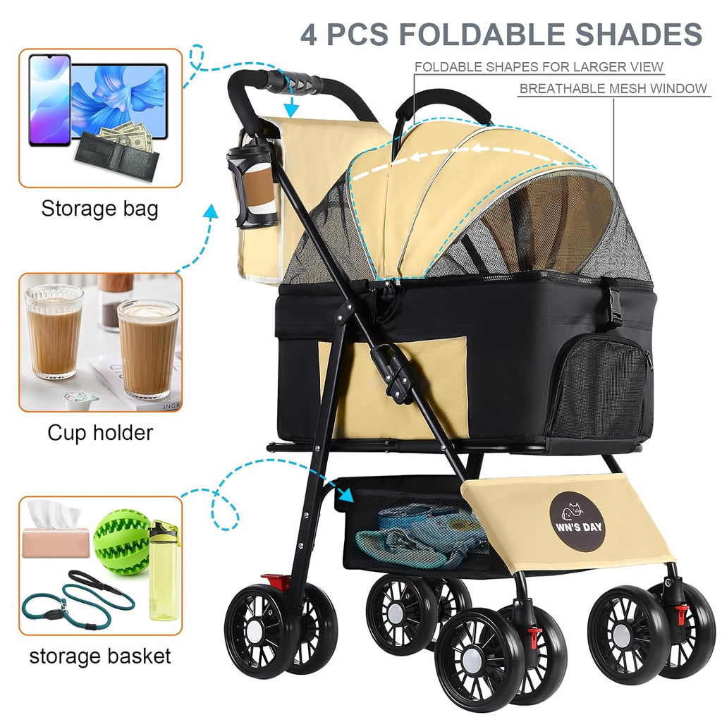 3 in 1 Cat Dog Stroller for Medium Dogs 20 lbs,Pet Stroller for Cats(Brown)
