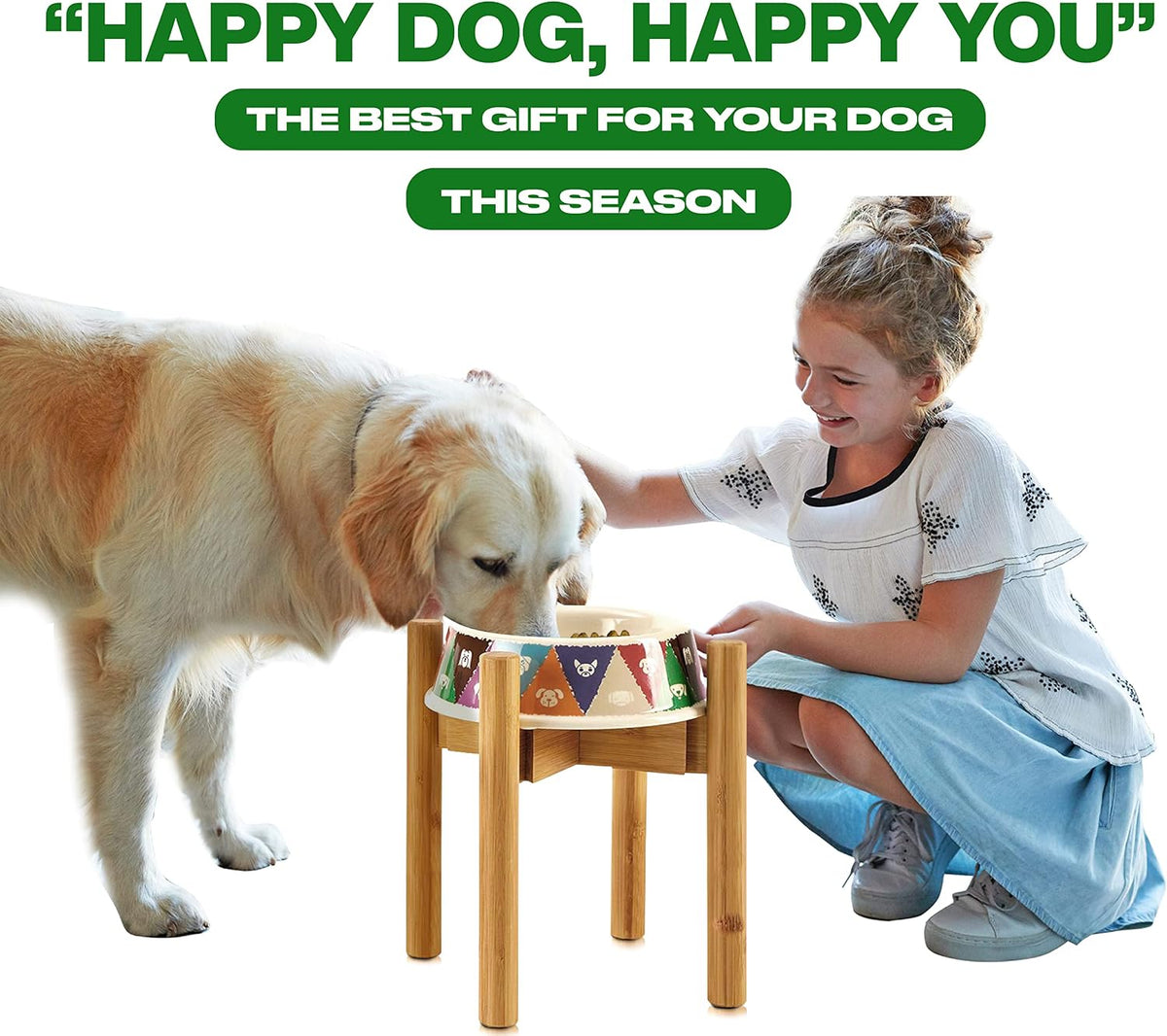 Dog Bowl Stand for Large Dogs - Adjustable, Easy Fold-Down | Use to Elevate Raise Dog Food, Water and Slow Feeder Bowls, Lock-Bolts and Tool Added, Foot-Padded, Bamboo Stand Only 