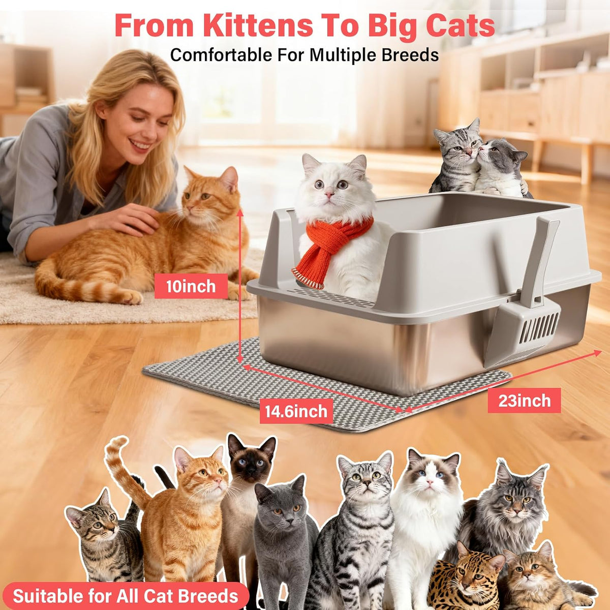 Stainless Steel Litter Box, Extra Large Metal Cat Litter Box for Big Cats | High Sided, Never Absorbs Odors, Anti-Urine Leakage, Non-Sticky, Easy Cleaning, Include Litter Mat & Scoop