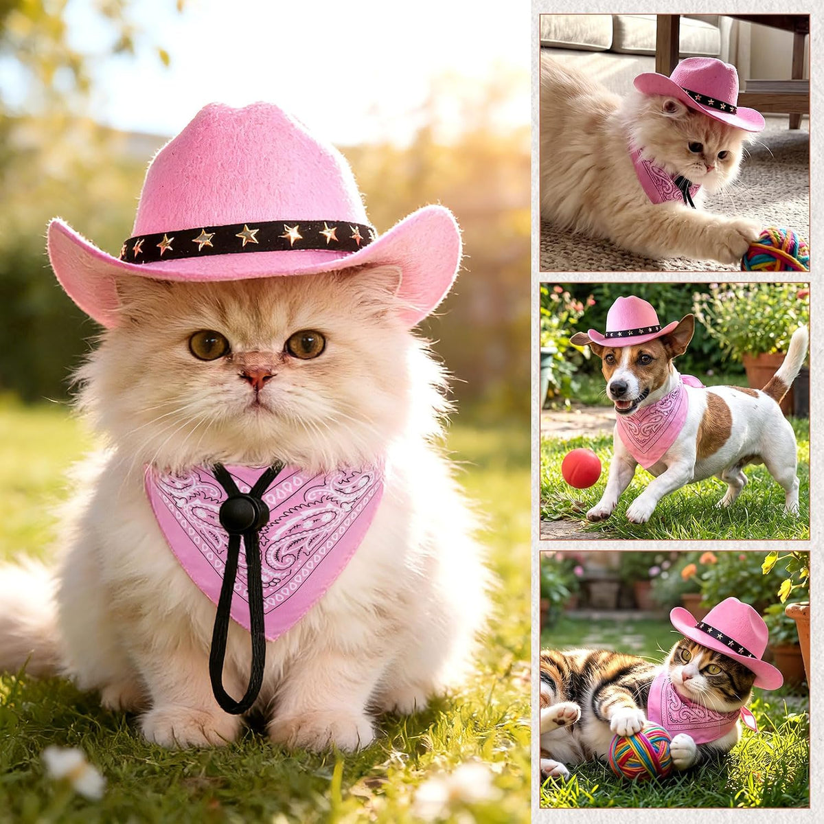 Pet Cowboy Costume, Dog Cowboy Hat with Bandana Scarf, Adjustable Cat Cowboy Hat for Party Cosplay Christmas, Halloween Cowboy Costumes for Small Pet Dogs Cats (Pink, Medium)