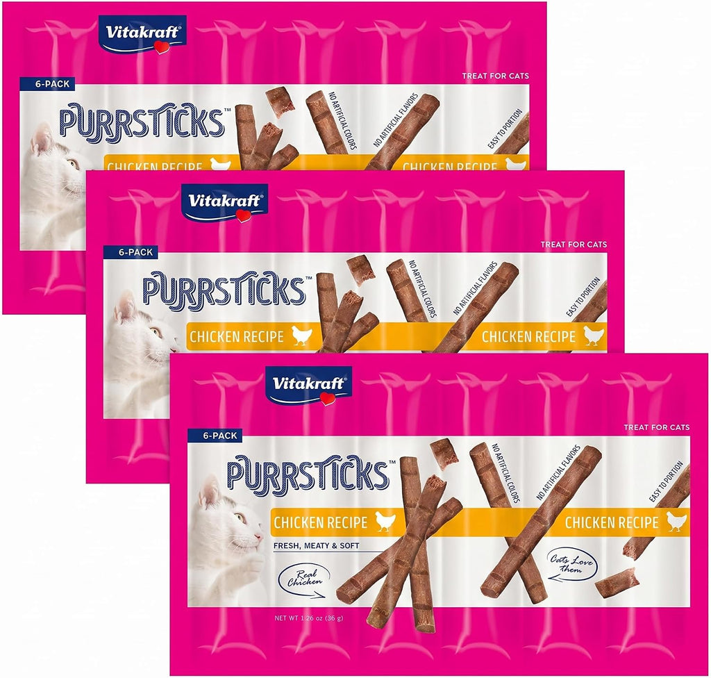 Vitakraft PurrSticks Cat Sticks, Chicken, 18 Sticks | Breakable Meatstick | Tender Texture | Pack of 3