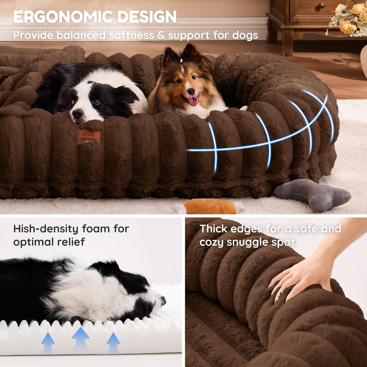 ChiXnuggle Orthopedic Human Dog Bed,Striped Faux Fur Washable Cover,Blanket