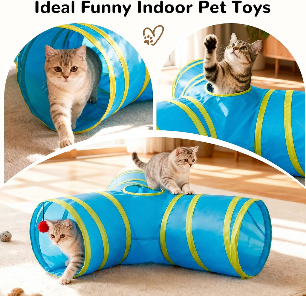 Tempcore Cat Tunnel, 3-Way Collapsible Toy for Indoor Cats, Blue & Yellow | 3-Way Cat Tunnel with Peek Holes, Hanging Ball and Teaser Wand, Collapsible Design for Play, Hiding, Chasing and Exercise
