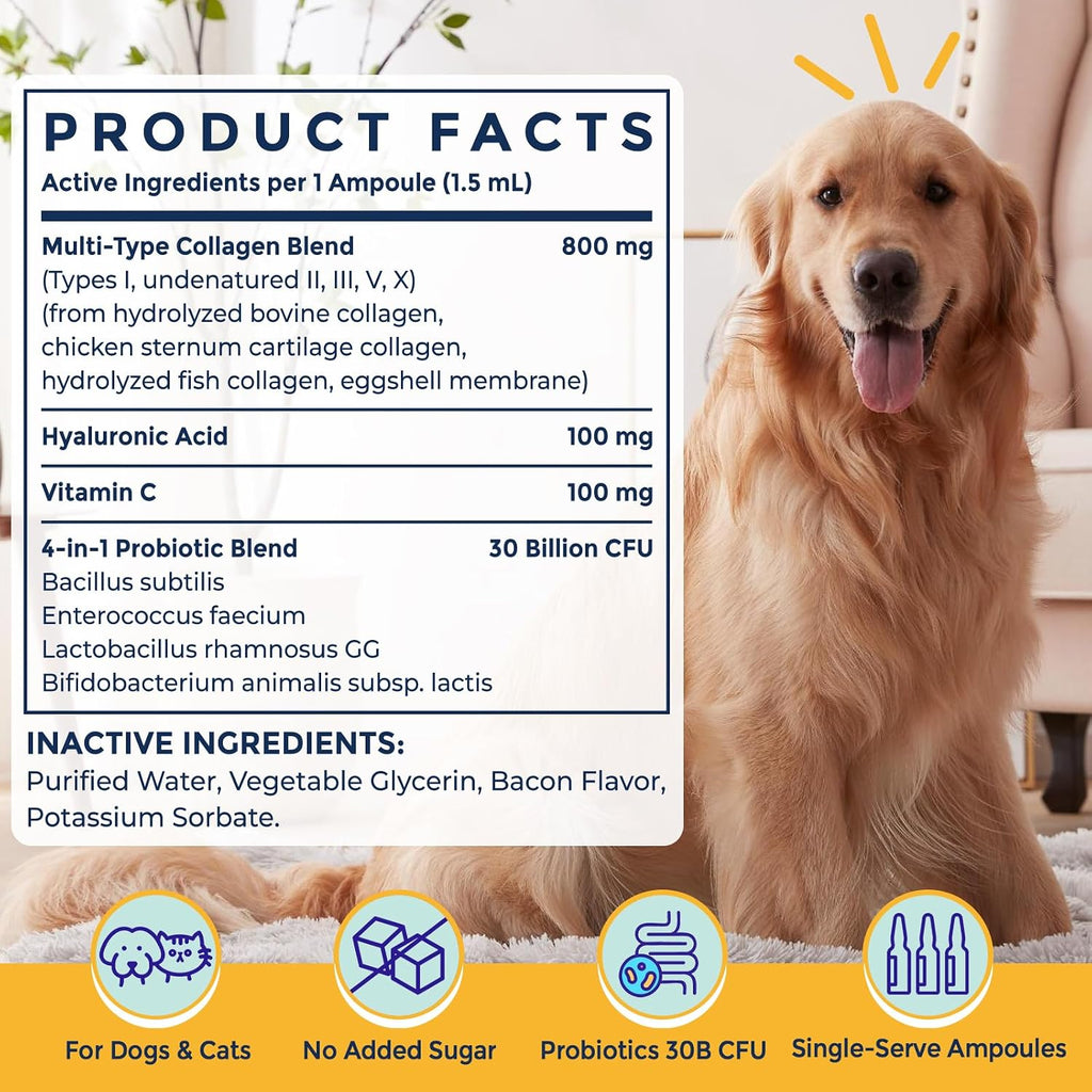 Collagen for Dogs - Liquid Collagen for Dogs & Cats with 5 Collagen Types(I, II, III, V & X) for Skin & Coat, Itch Relief, Hip & Joint, Plus 30B CFU Probiotics, Hyaluronic Acid & Vitamin C,30 Ampoules