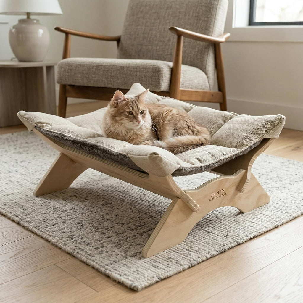 JSPYFITS Elevated Cat Bed Hammock, Raised Cat Bed with Dual-Sided Plush & Linen Cushion, Machine Washable & Breathable Cover Tool Free Easy Assembly, up to 66Lbs (Gray)