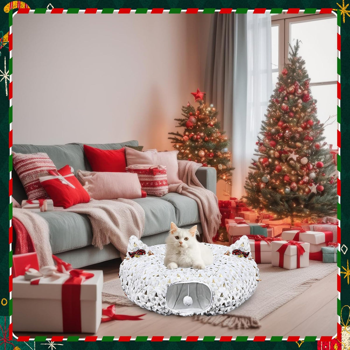 AceOrbit Christmas Cat Tunnel Bed Under Christmas Tree