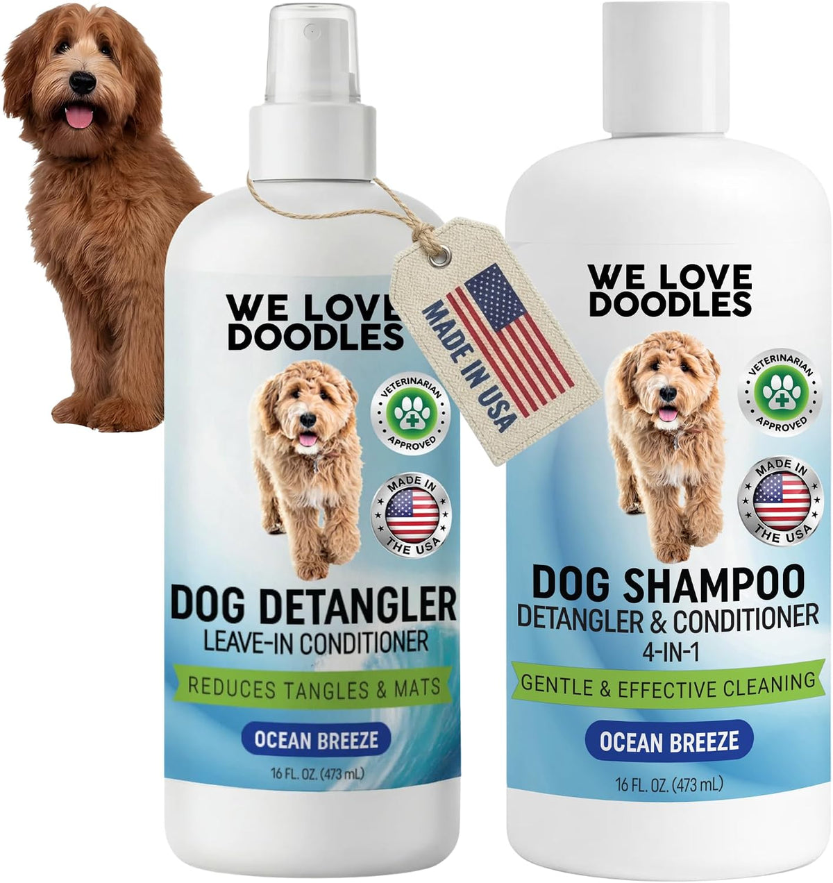 Dog Shampoo & Dog Detangler Spray, Dog Bath Supplies, Ocean Breeze 16oz