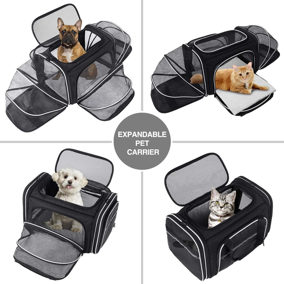 TSA Airline Approved Large Pet Travel Carrier,4 Sides Expandable with 2 Mesh Pockets,3 Entry, Soft Sided Collapsible Dog Carrier for 2 Cats,Kittens,Puppies,Dog, X-Large, Black & White